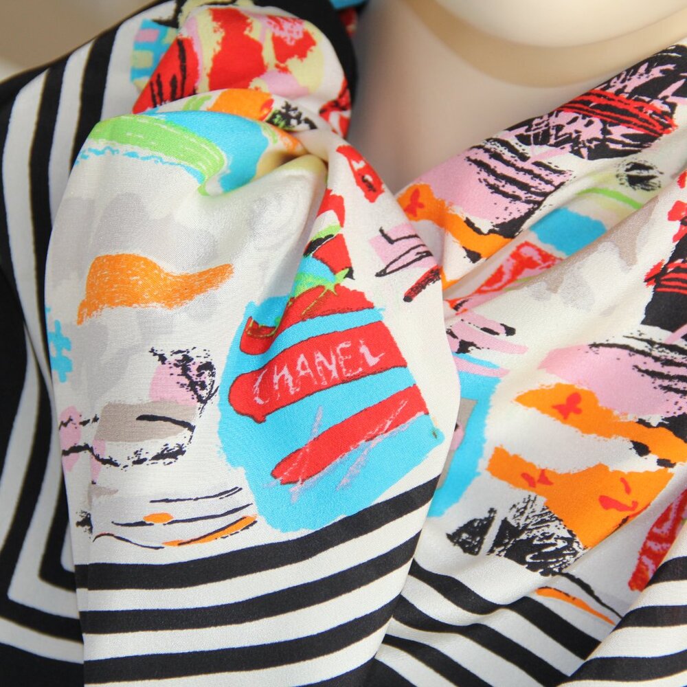 Chanel Black and Multi-Color Silk Scarf. This RARE Color-Authentic Original - Picture 12 of 14
